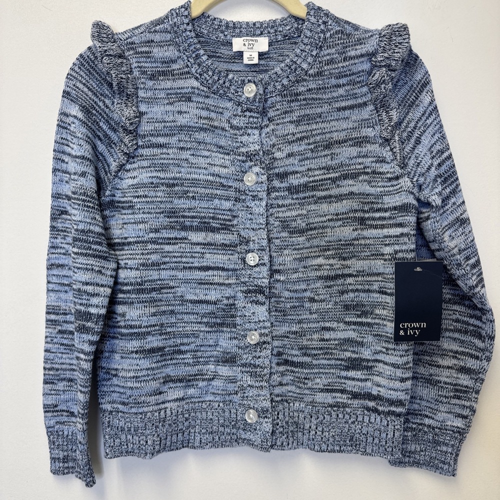 Heathered Blue Ruffled Girls Cardigan Crown & Ivy Size Medium